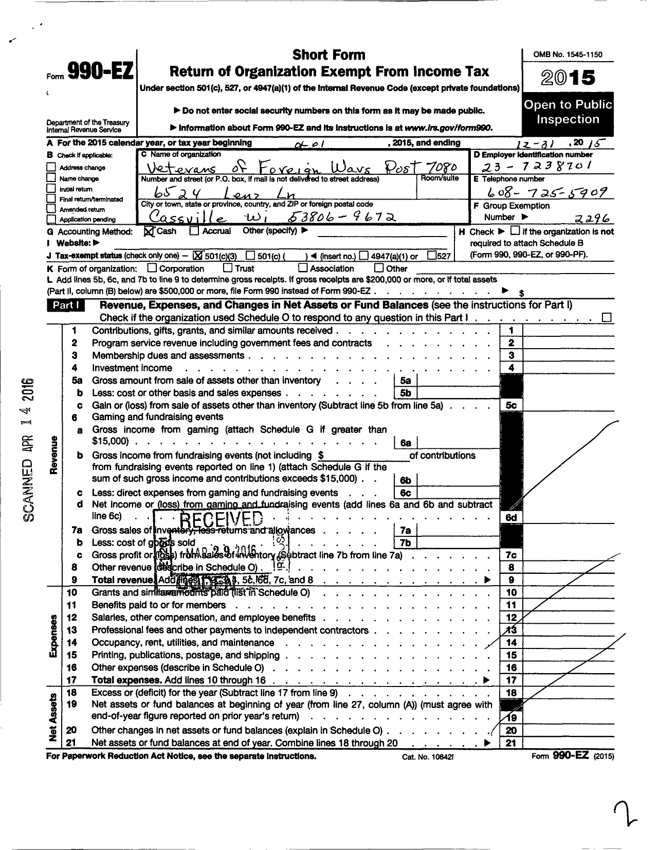 Image of first page of 2015 Form 990EZ for VFW Wi - 7080 Donaldson-Kelly-Kirschbaum Pos