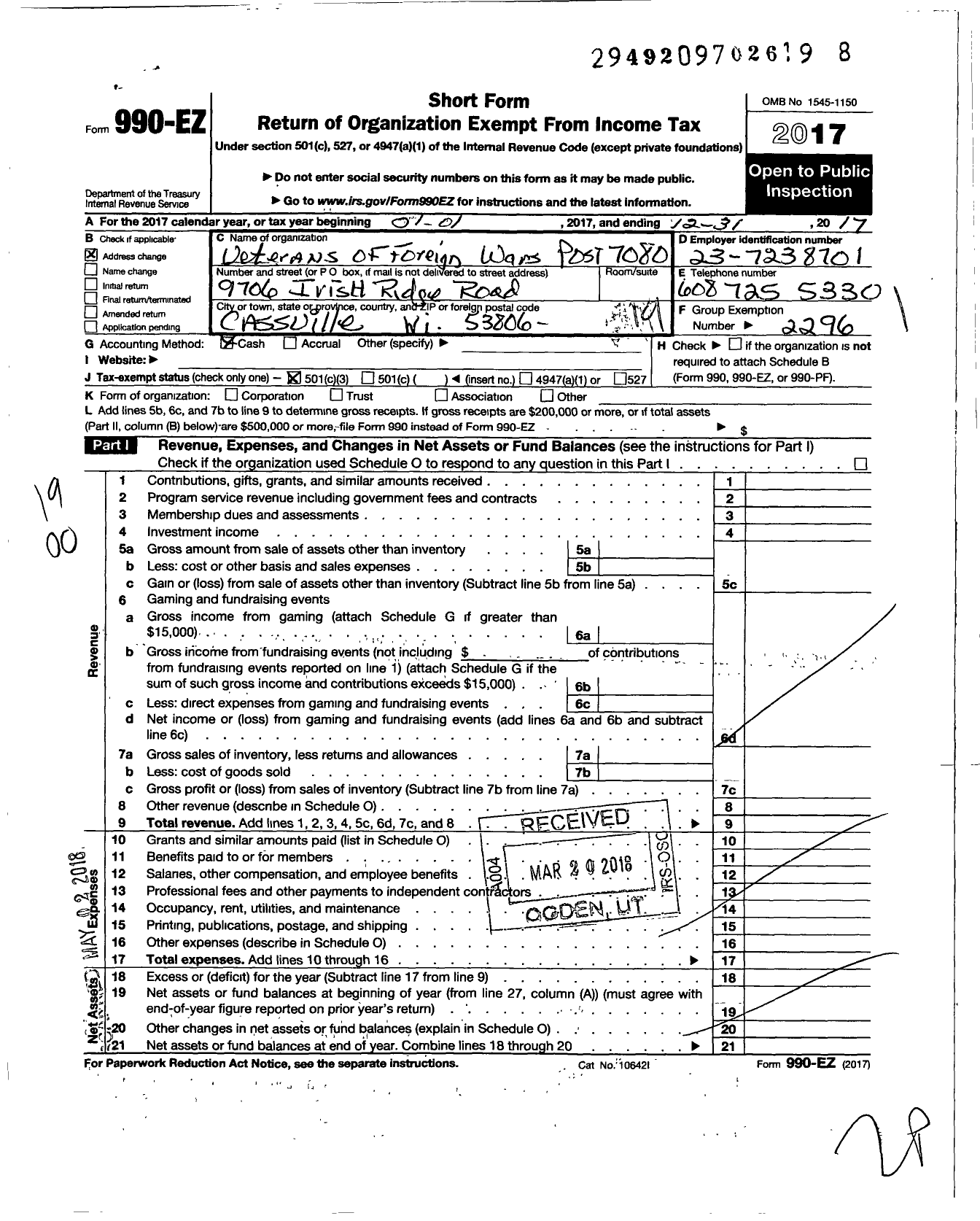 Image of first page of 2017 Form 990EO for VFW Wi - 7080 Donaldson-Kelly-Kirschbaum Pos