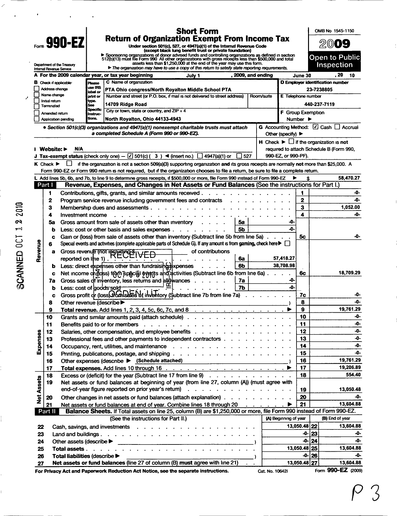 Image of first page of 2009 Form 990EZ for PTA Ohio Congress / N Royalton Middle School