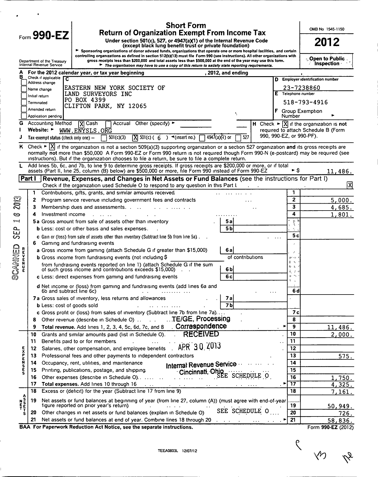 Image of first page of 2012 Form 990EO for Eastern New York Society of Land Surveyors