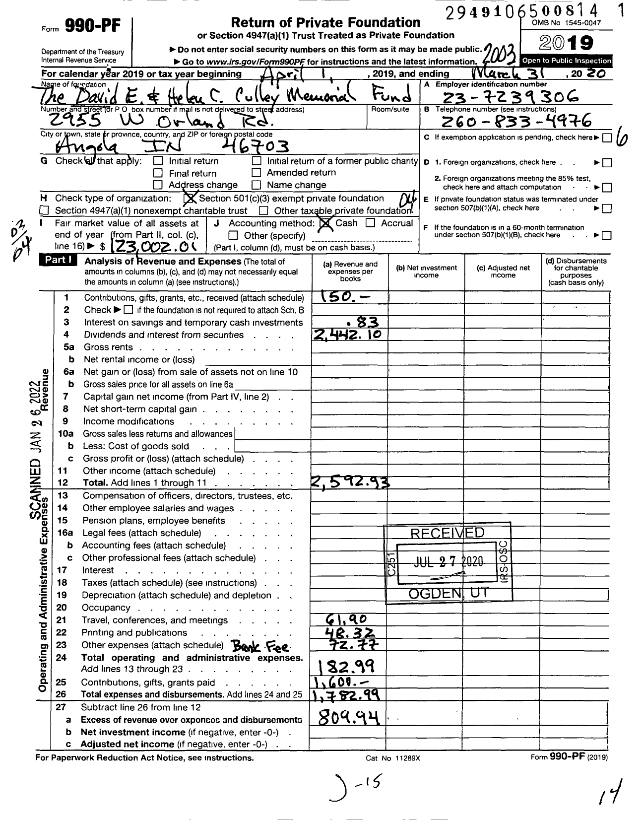 Image of first page of 2019 Form 990PF for The David E and Helen C Culley Memorial Fund