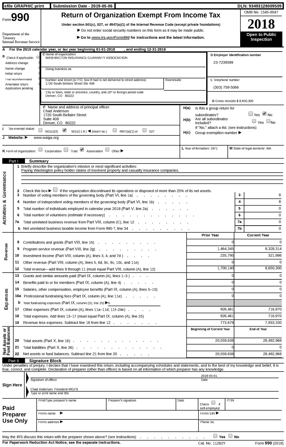 Image of first page of 2018 Form 990 for Washington Insurance Guaranty Association (WAGA)