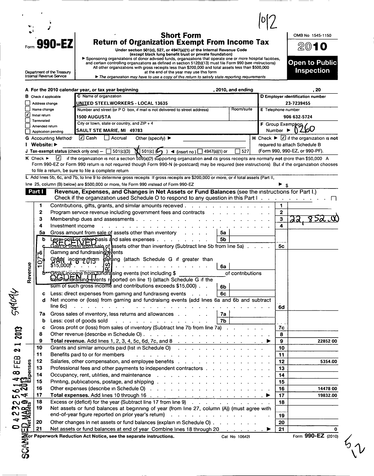 Image of first page of 2010 Form 990EO for United Steelworkers - 13635 Local District 2