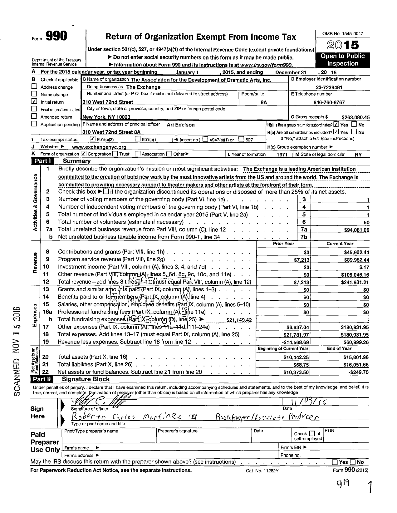 Image of first page of 2015 Form 990 for The Orchard Project