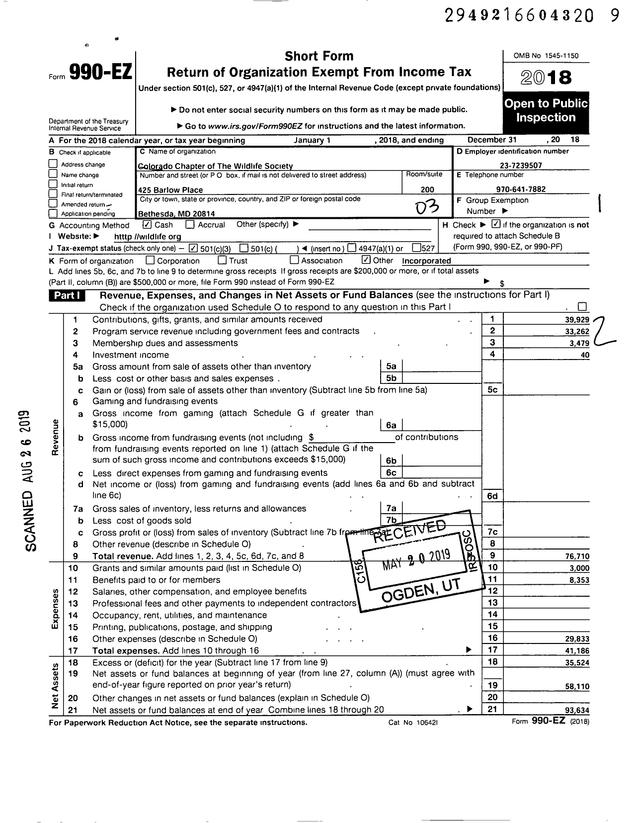 Image of first page of 2018 Form 990EZ for Colorado Chapter