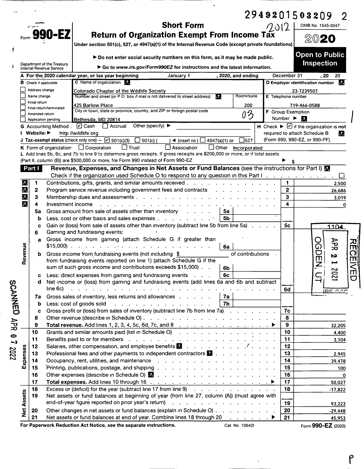 Image of first page of 2020 Form 990EZ for Colorado Chapter