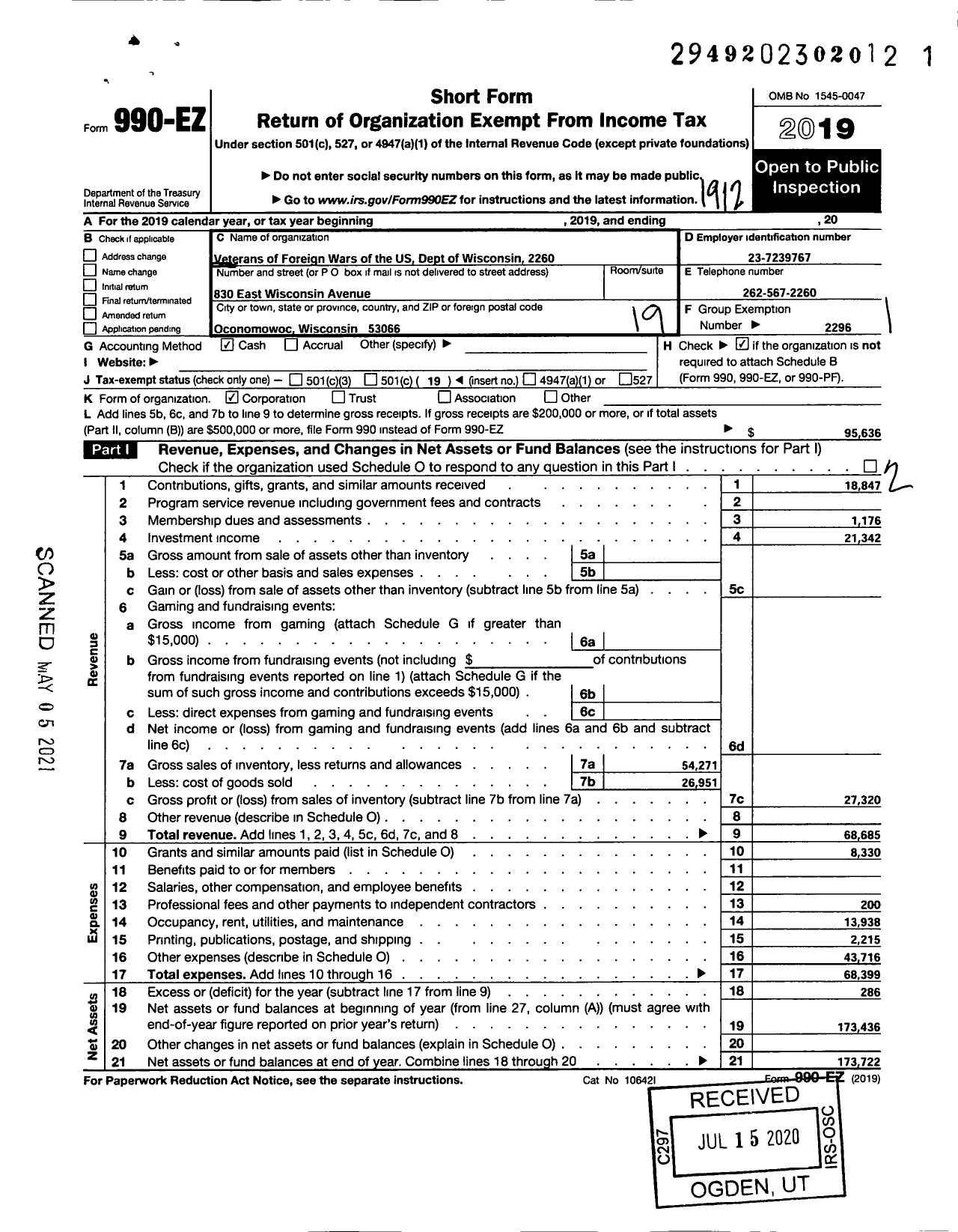 Image of first page of 2019 Form 990EO for VFW Wi - 2260 Solveson Moos Abrahamson