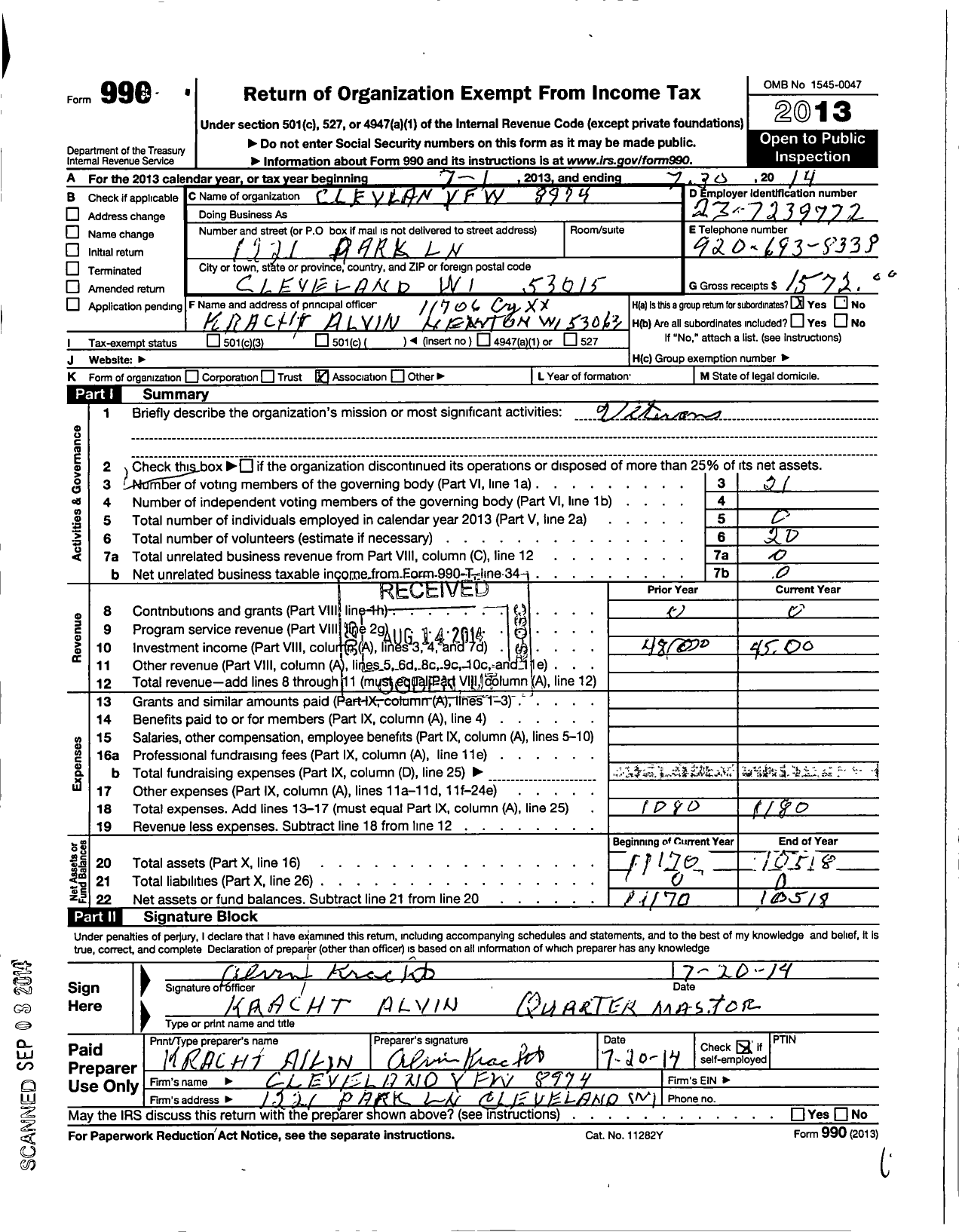 Image of first page of 2013 Form 990O for VFW Wi - 8974 Cleveland Post