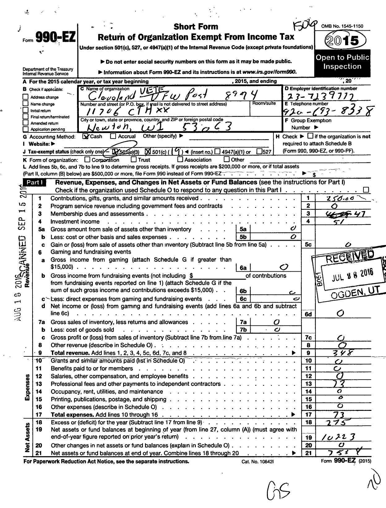 Image of first page of 2014 Form 990EO for VFW Wi - 8974 Cleveland Post