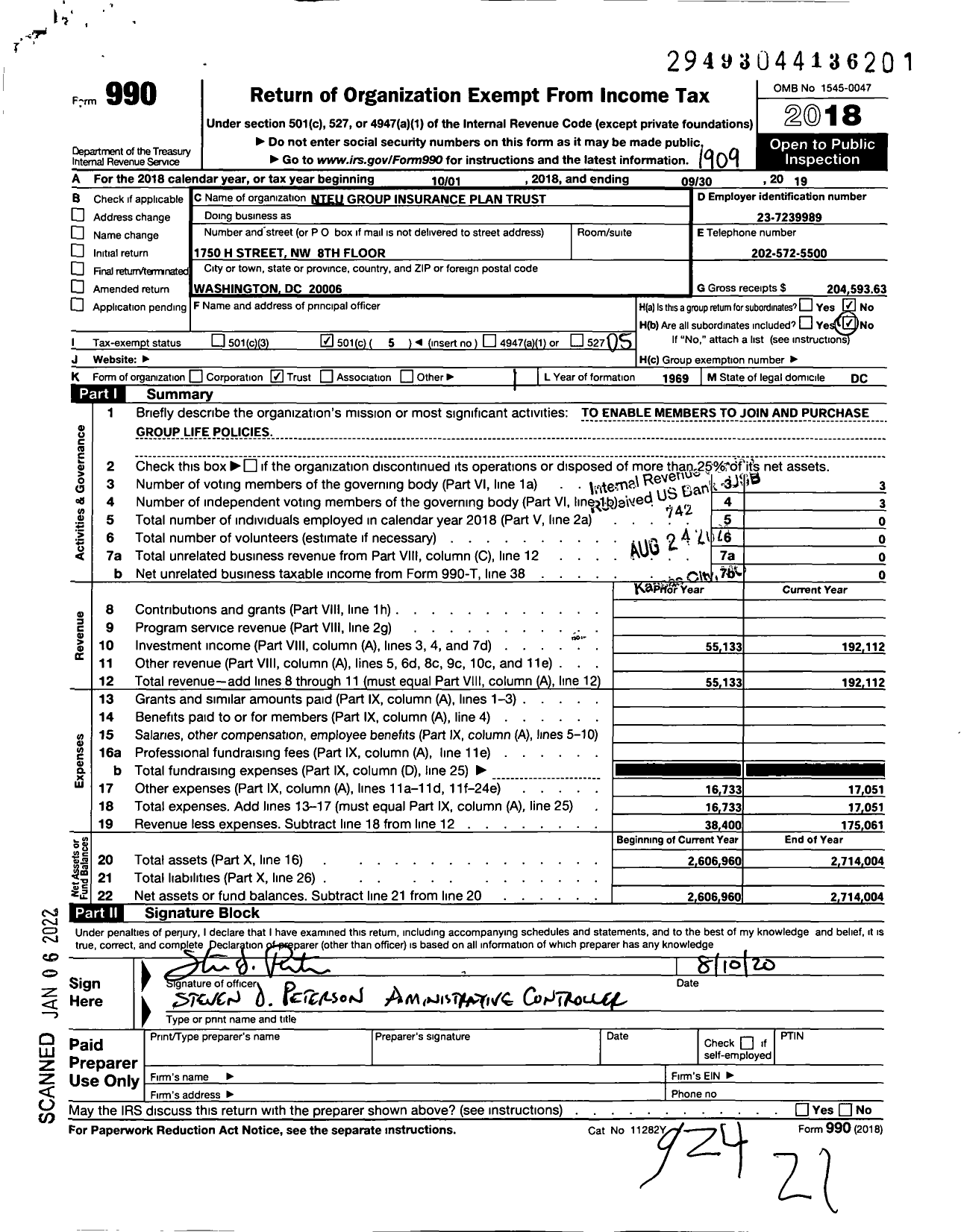 Image of first page of 2018 Form 990O for Nteu Group Insurance Plan Trust