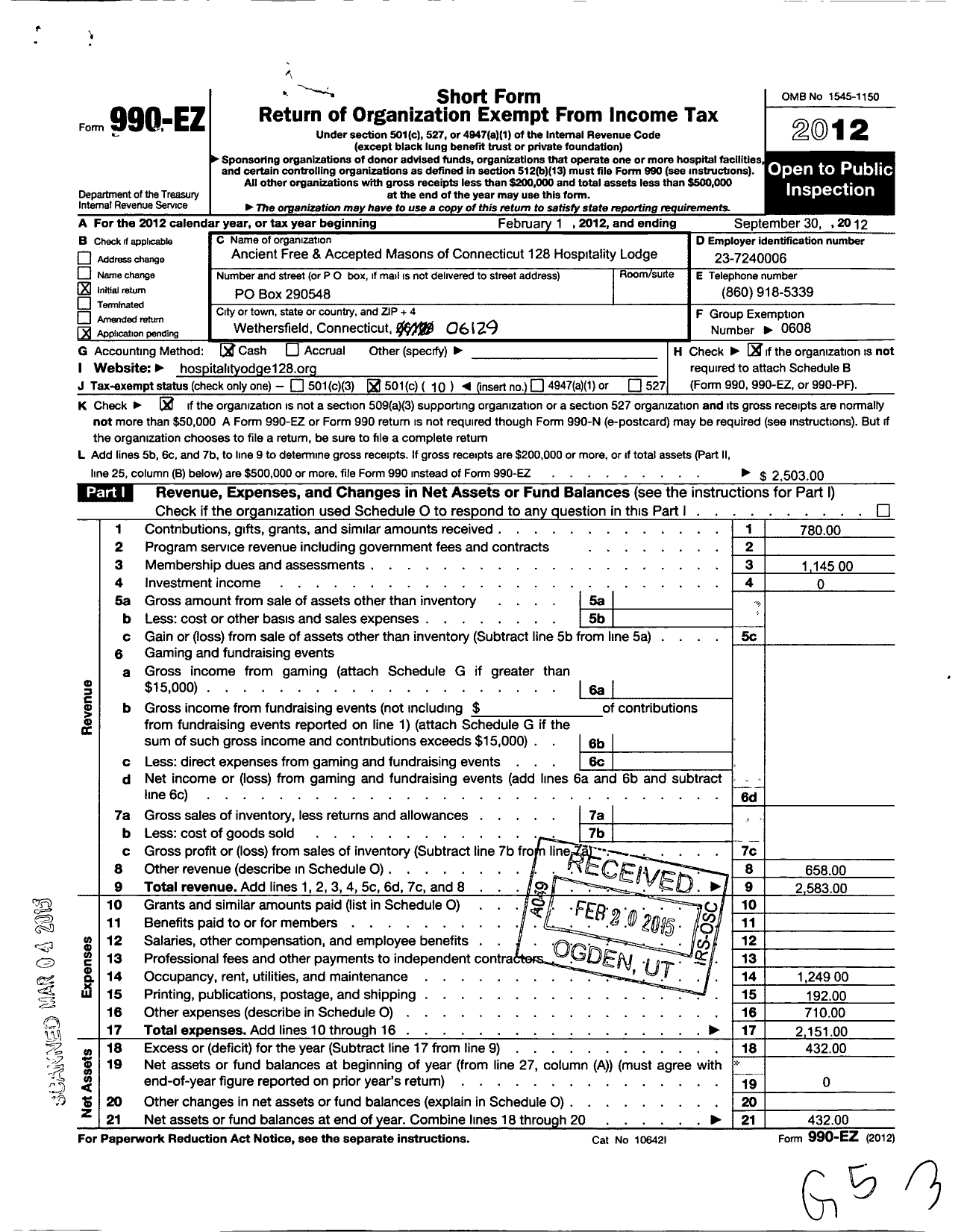 Image of first page of 2011 Form 990EO for Ancient Free and Accepted Masons of Connecticut / Hospitality Lodge 128