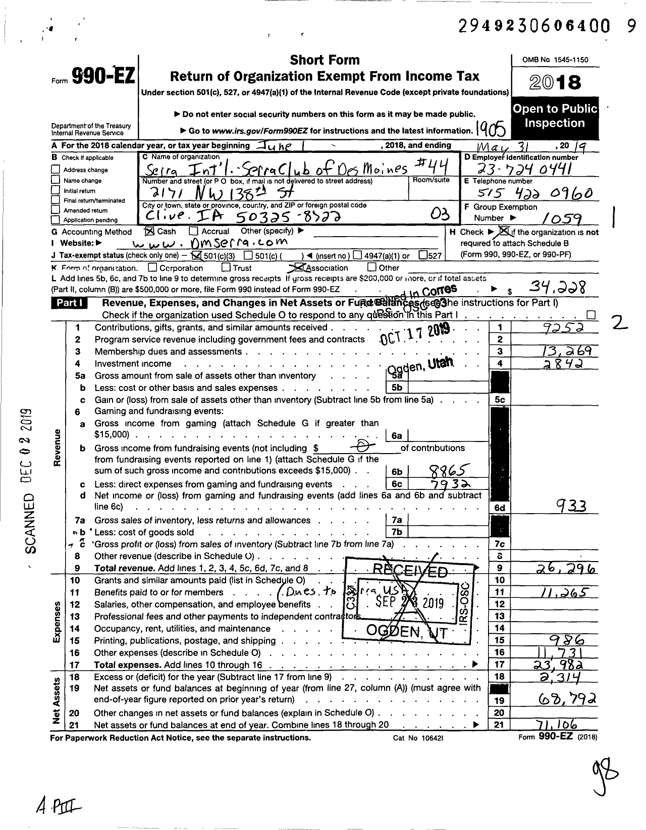 Image of first page of 2018 Form 990EZ for SErRA INTERNATIONAL - 44 DES MOINES SErRA CLUB