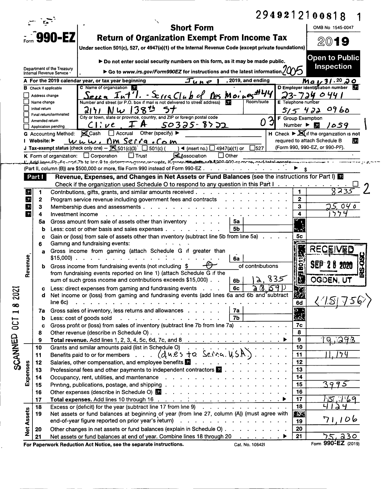 Image of first page of 2019 Form 990EZ for SErRA INTERNATIONAL - 44 DES MOINES SErRA CLUB