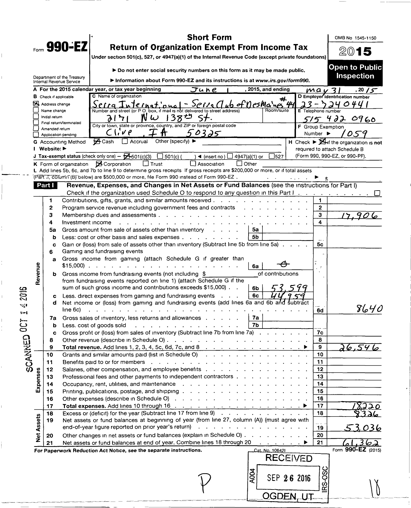 Image of first page of 2014 Form 990EZ for SErRA INTERNATIONAL - 44 DES MOINES SErRA CLUB