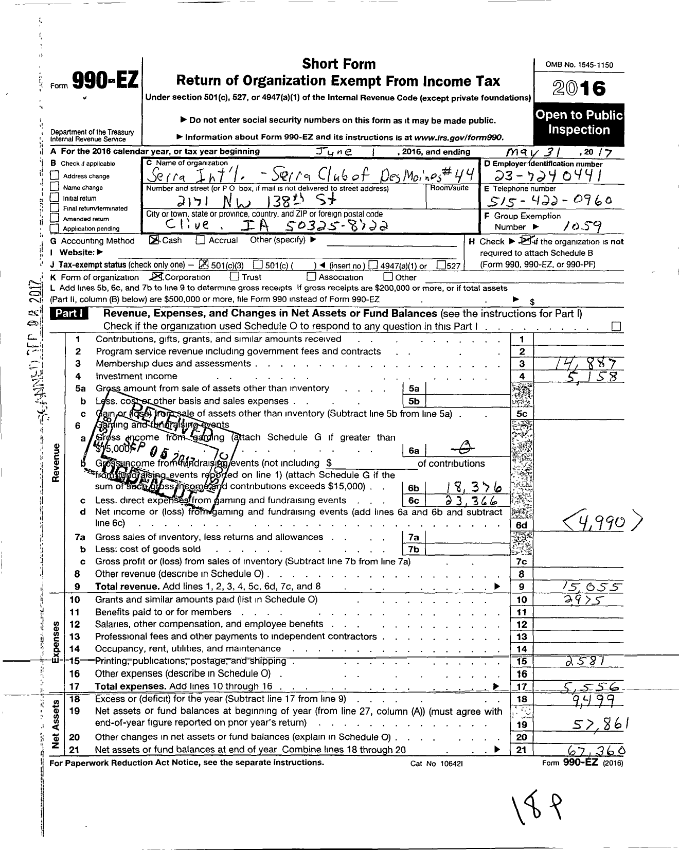 Image of first page of 2016 Form 990EZ for SErRA INTERNATIONAL - 44 DES MOINES SErRA CLUB