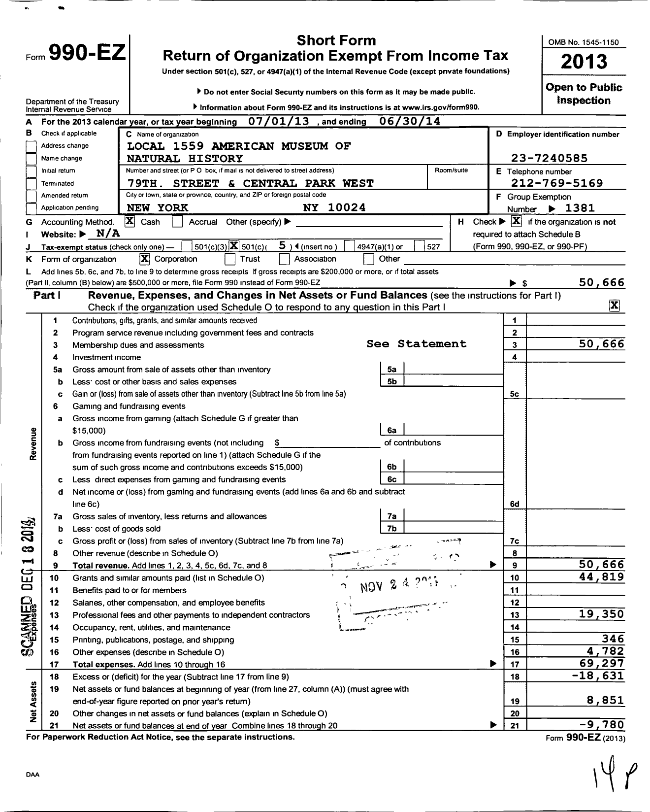 Image of first page of 2013 Form 990EO for American Federation of State County & Municipal Employees - L1559ny Amer Museum NTL History Emp