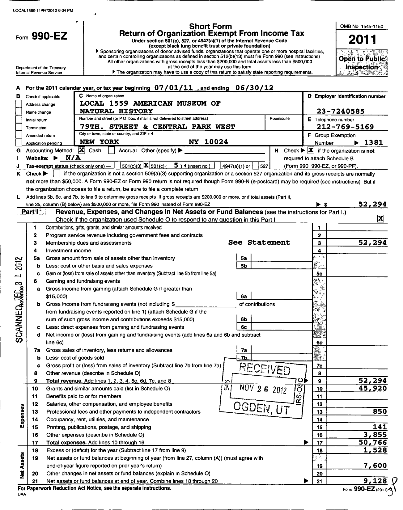 Image of first page of 2011 Form 990EO for American Federation of State County & Municipal Employees - L1559ny Amer Museum NTL History Emp