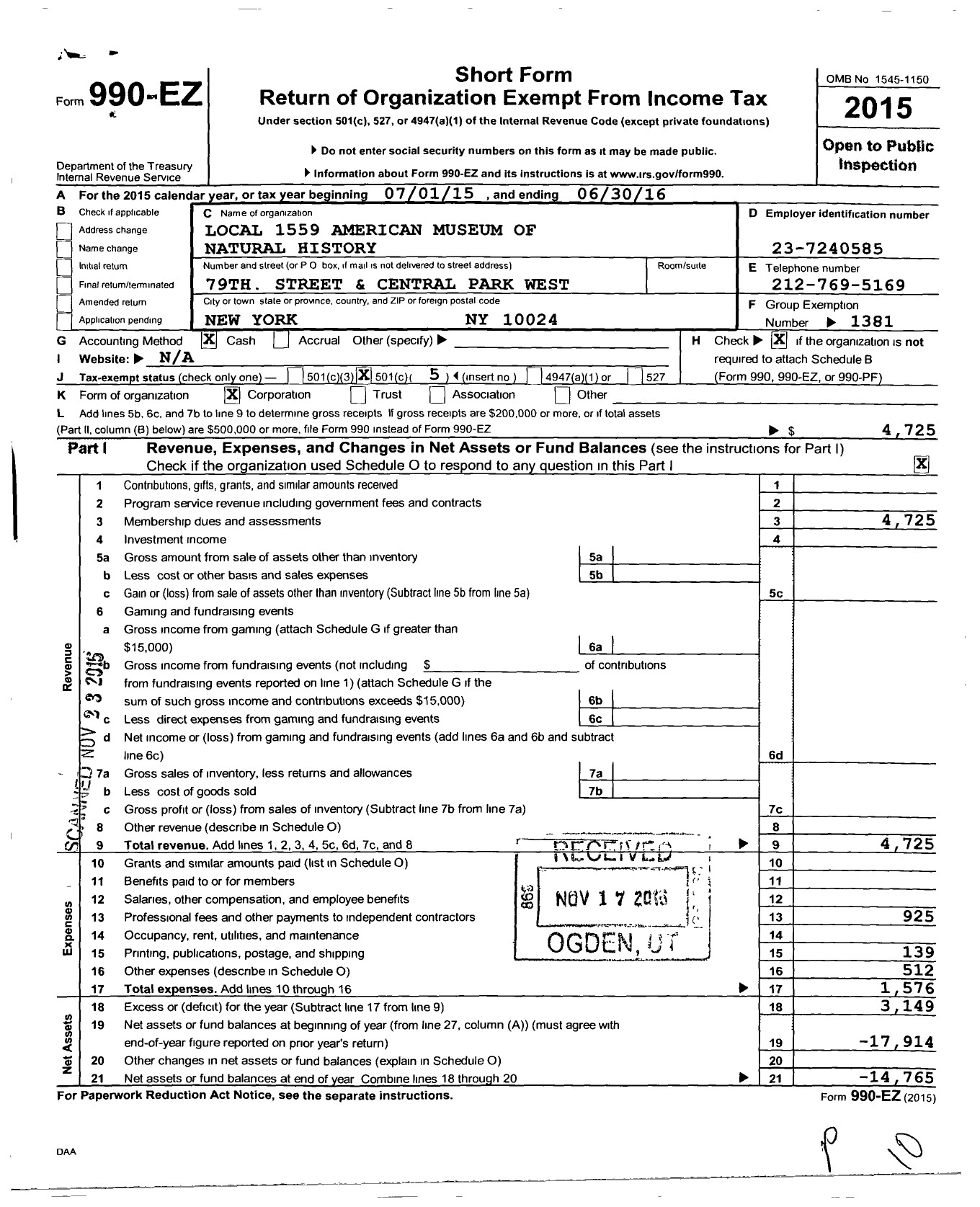 Image of first page of 2015 Form 990EO for American Federation of State County & Municipal Employees - L1559ny Amer Museum NTL History Emp