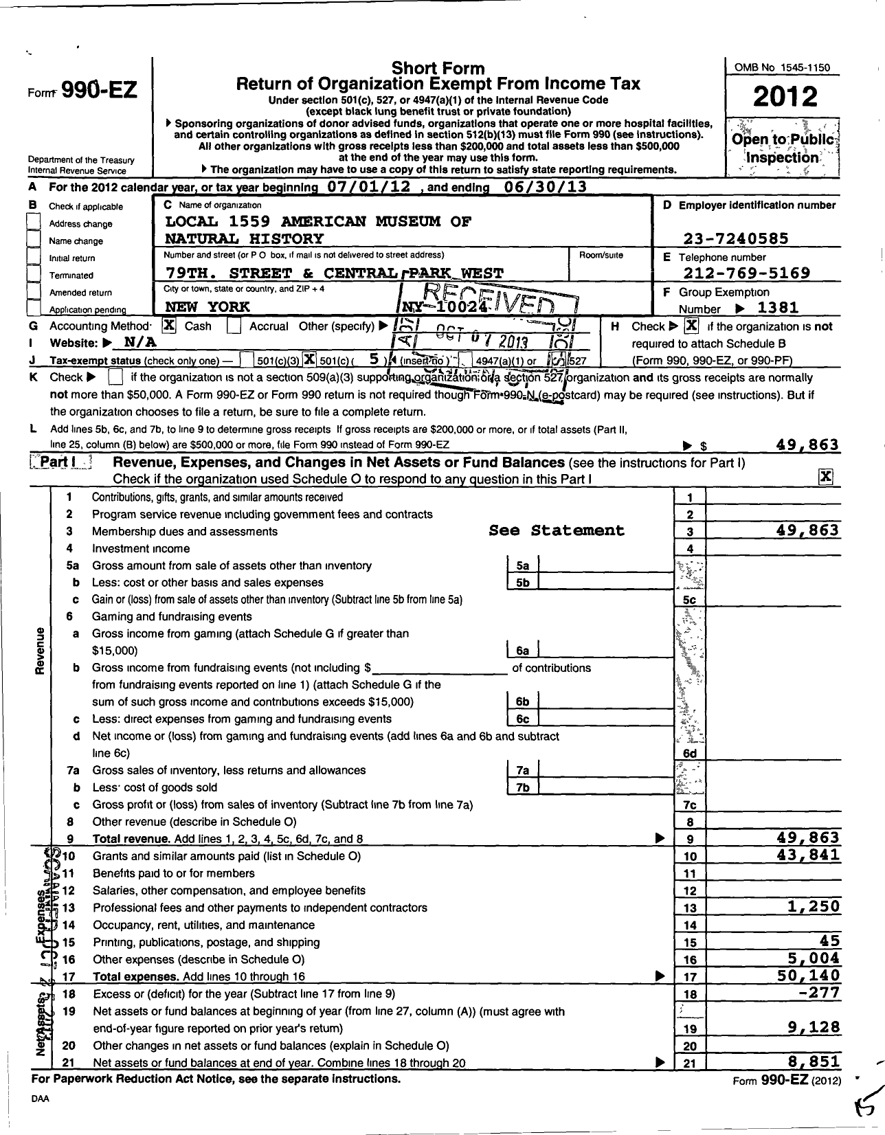 Image of first page of 2012 Form 990EO for American Federation of State County & Municipal Employees - L1559ny Amer Museum NTL History Emp