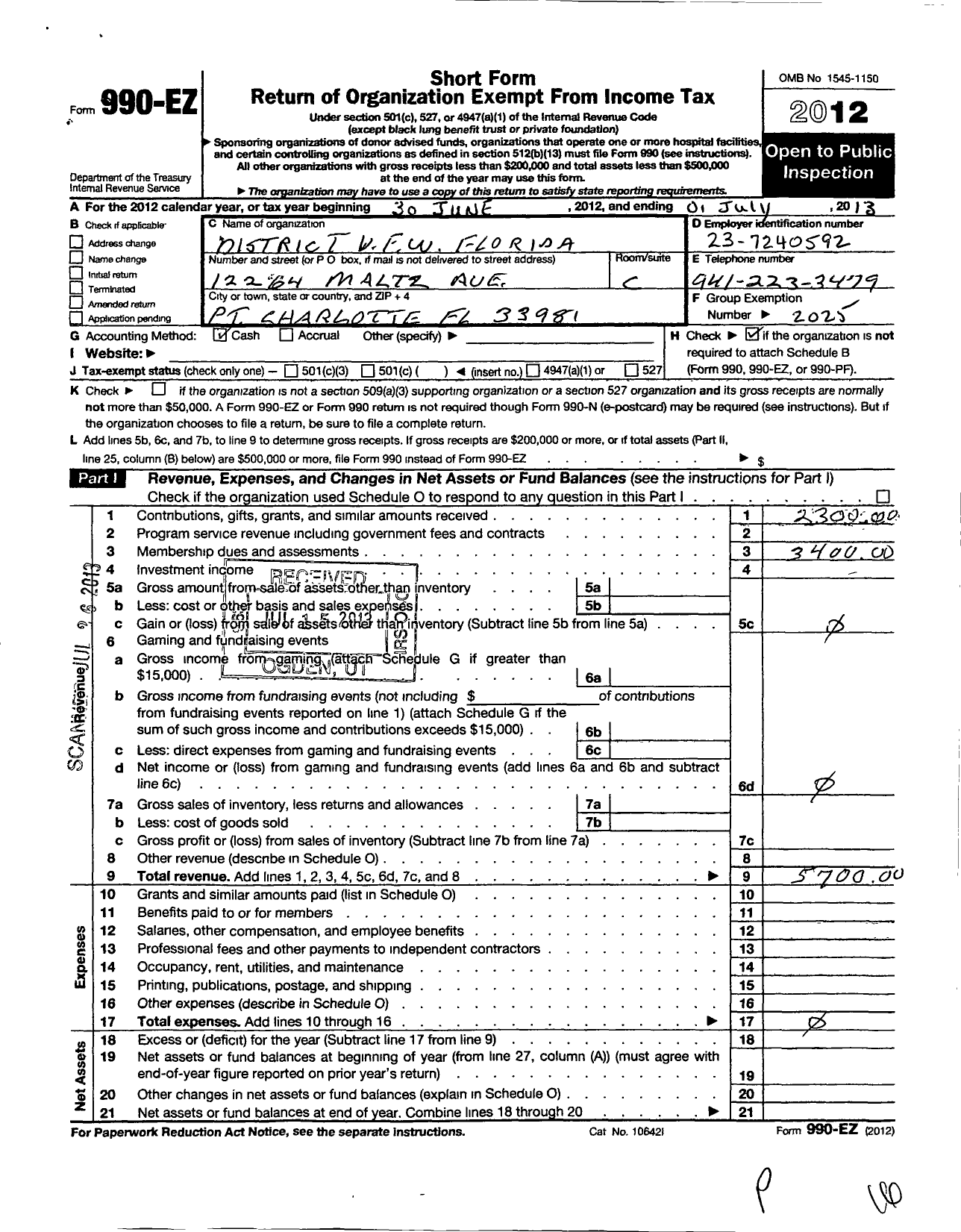 Image of first page of 2012 Form 990EO for VFW Department of Florida - 10 VFW District