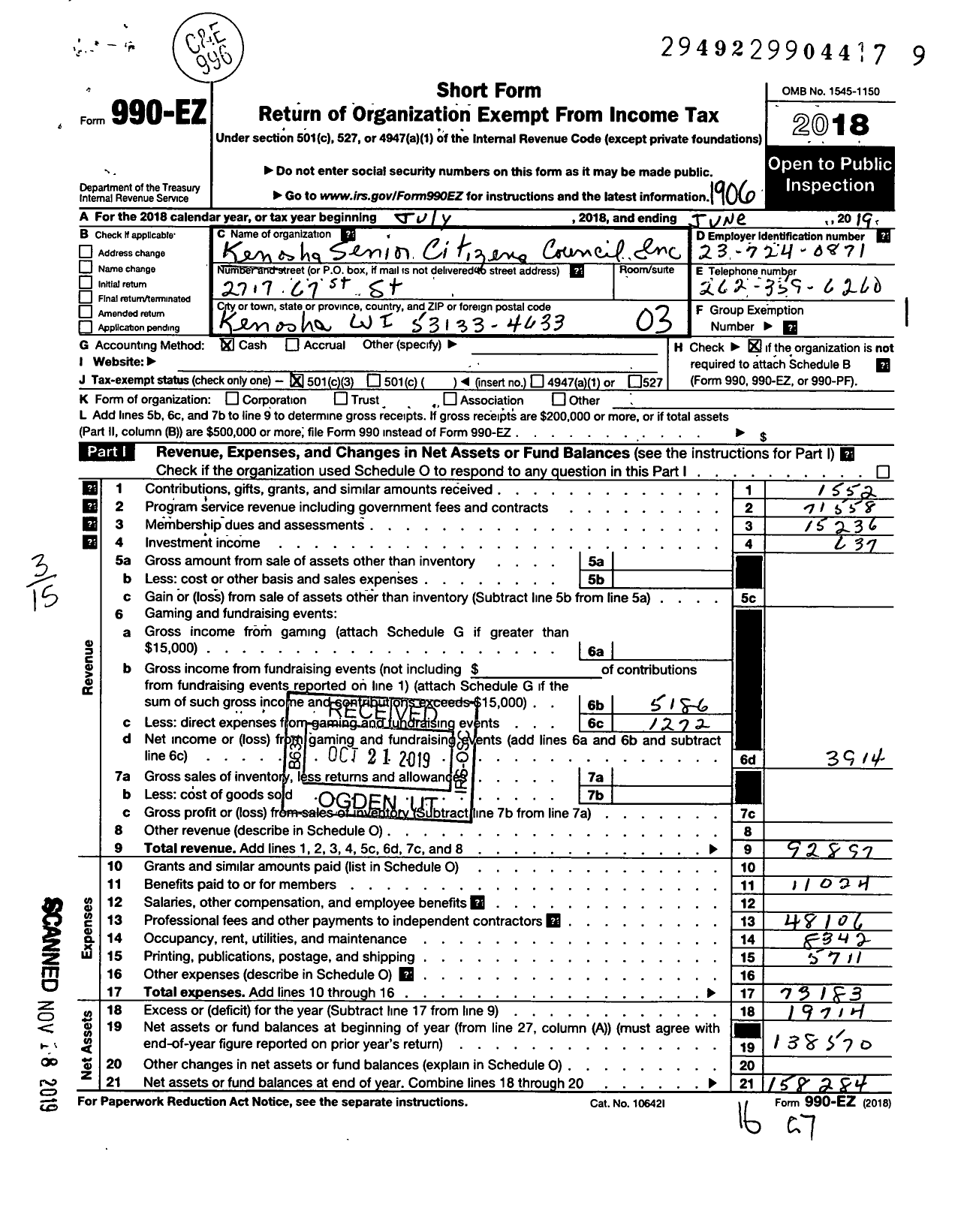 Image of first page of 2018 Form 990EZ for Kenosha Senior Citizens Council