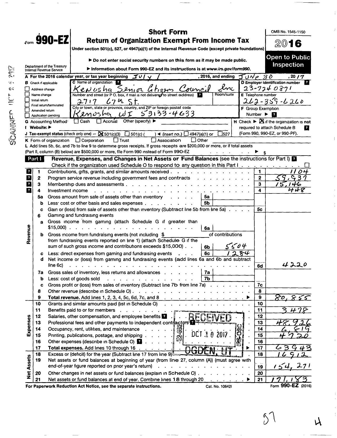 Image of first page of 2016 Form 990EZ for Kenosha Senior Citizens Council