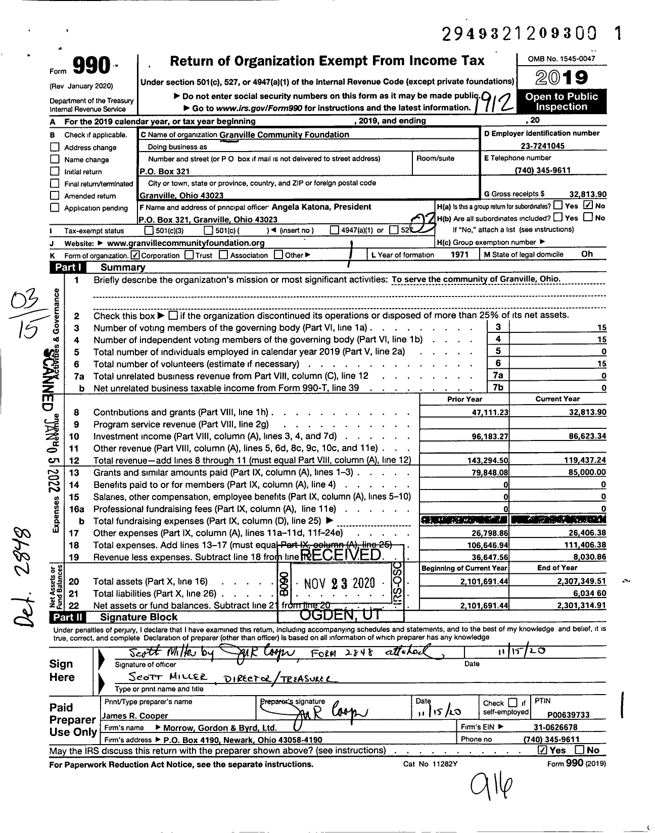 Image of first page of 2019 Form 990 for Granville Community Foundation