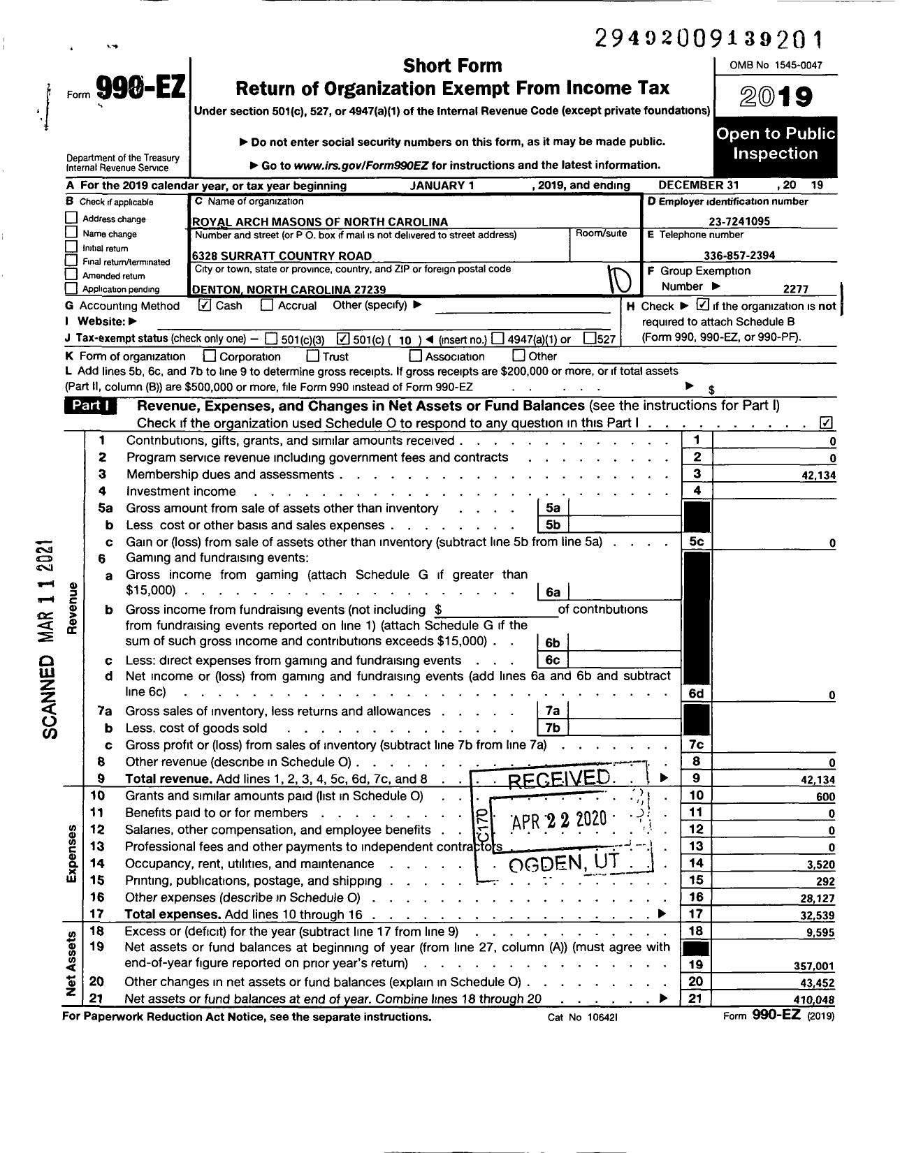 Image of first page of 2019 Form 990EO for Royal Arch Masons of North Carolina