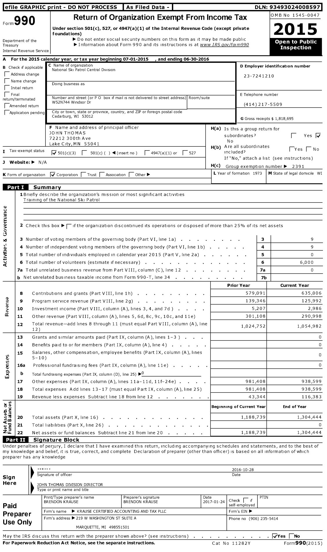Image of first page of 2015 Form 990 for Central Division National Ski Patrol