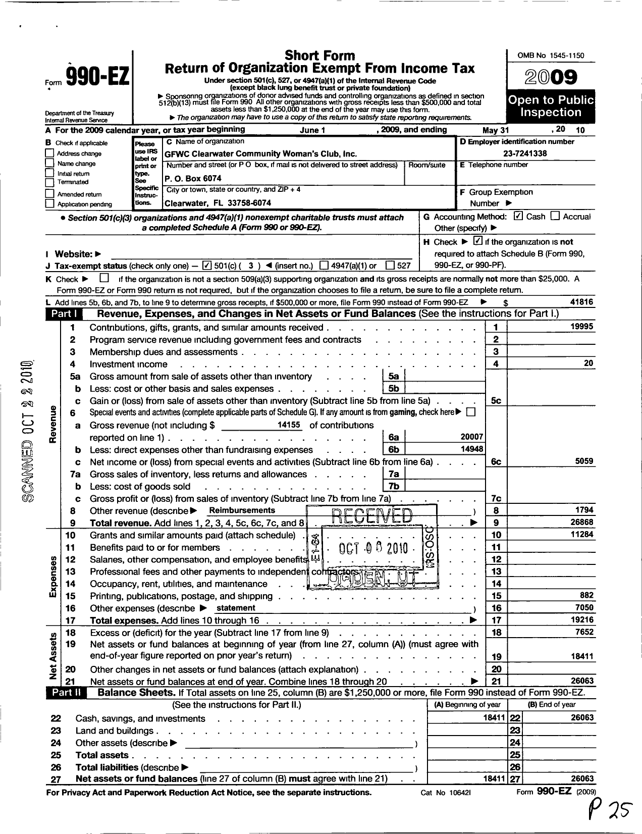 Image of first page of 2009 Form 990EZ for GFWC-Clearwater Community Women's Club