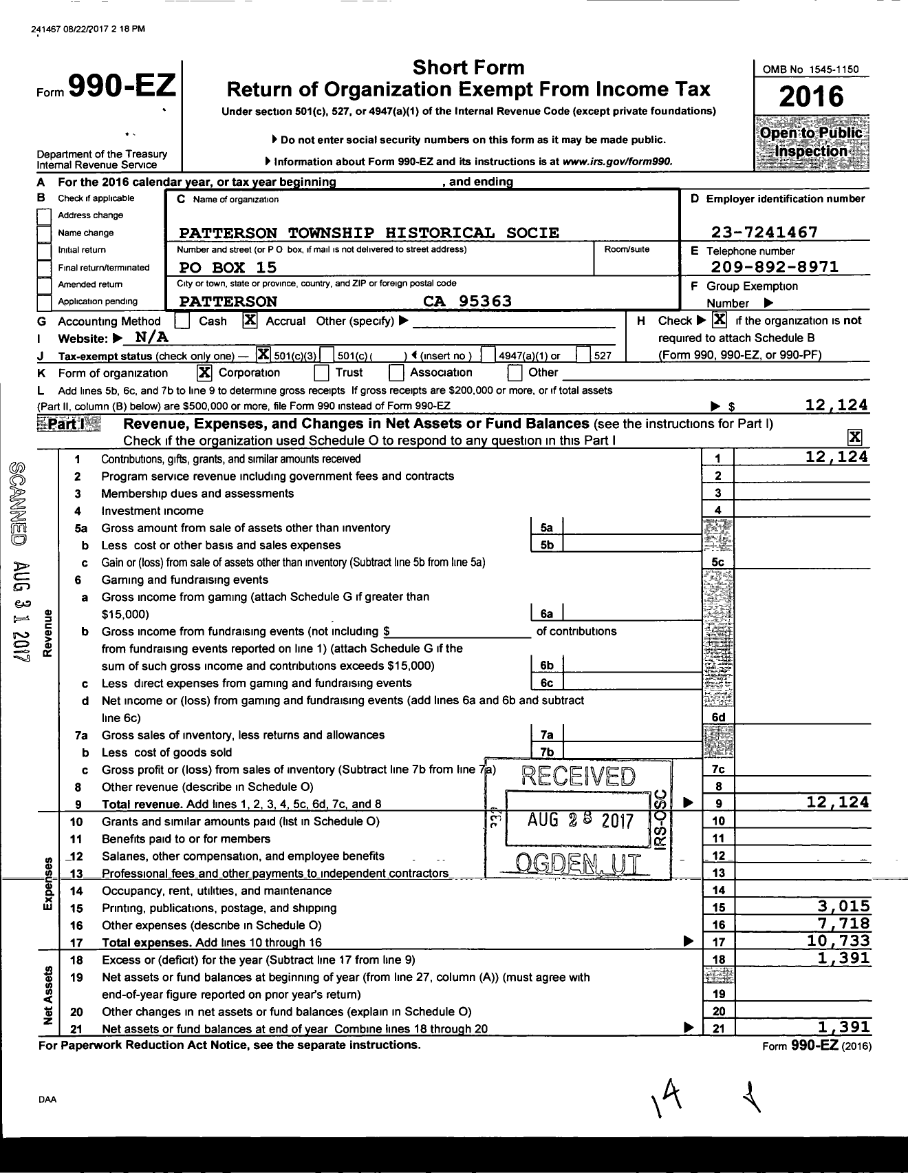 Image of first page of 2016 Form 990EZ for Patterson Township Historical Society