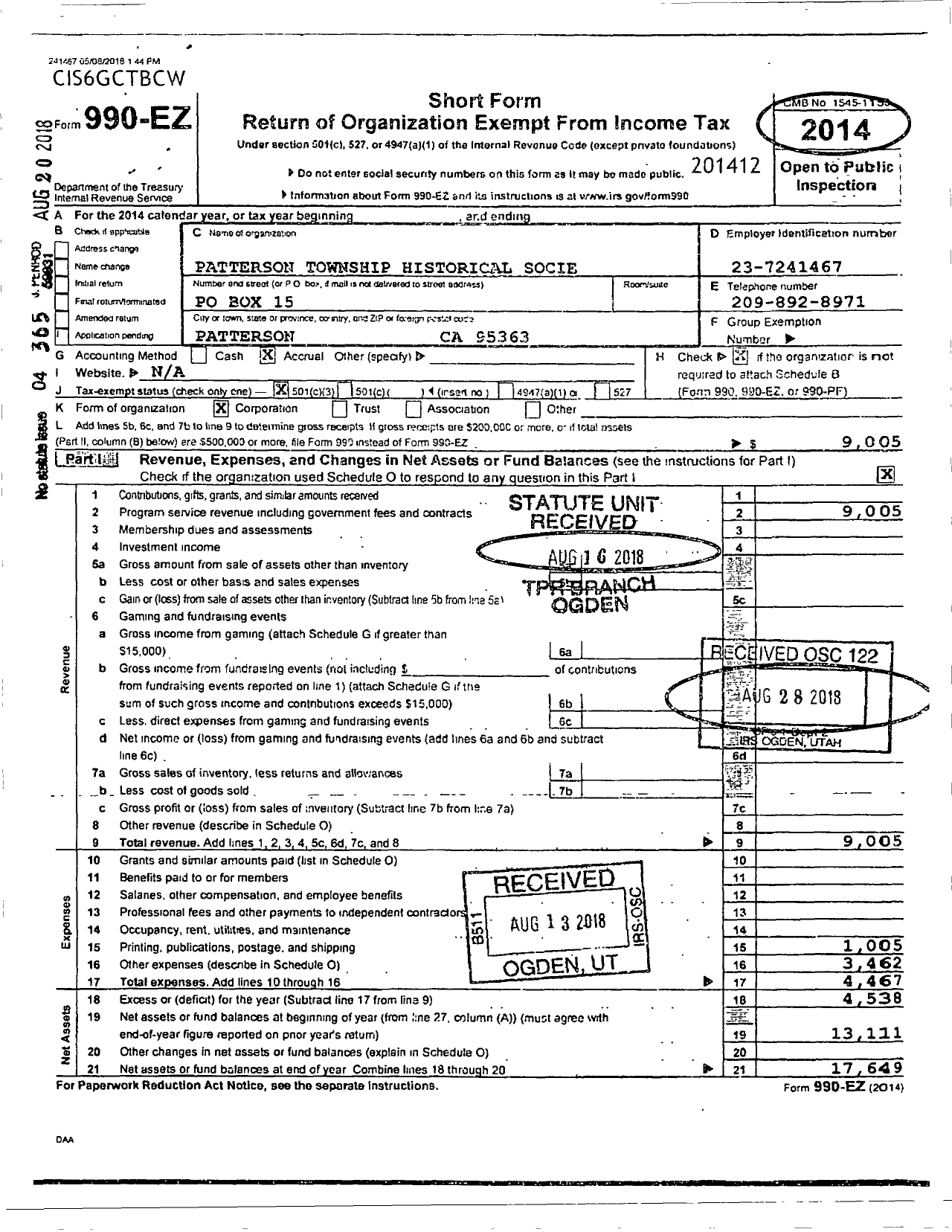 Image of first page of 2014 Form 990ER for Patterson Township Historical Society