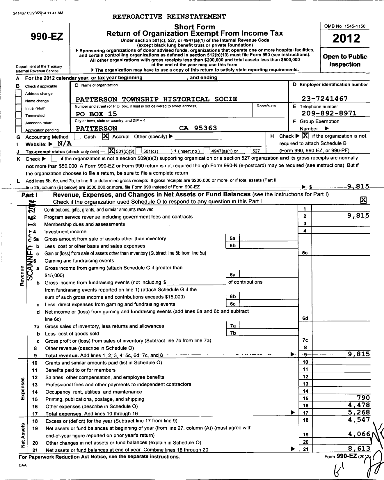 Image of first page of 2012 Form 990EZ for Patterson Township Historical Society