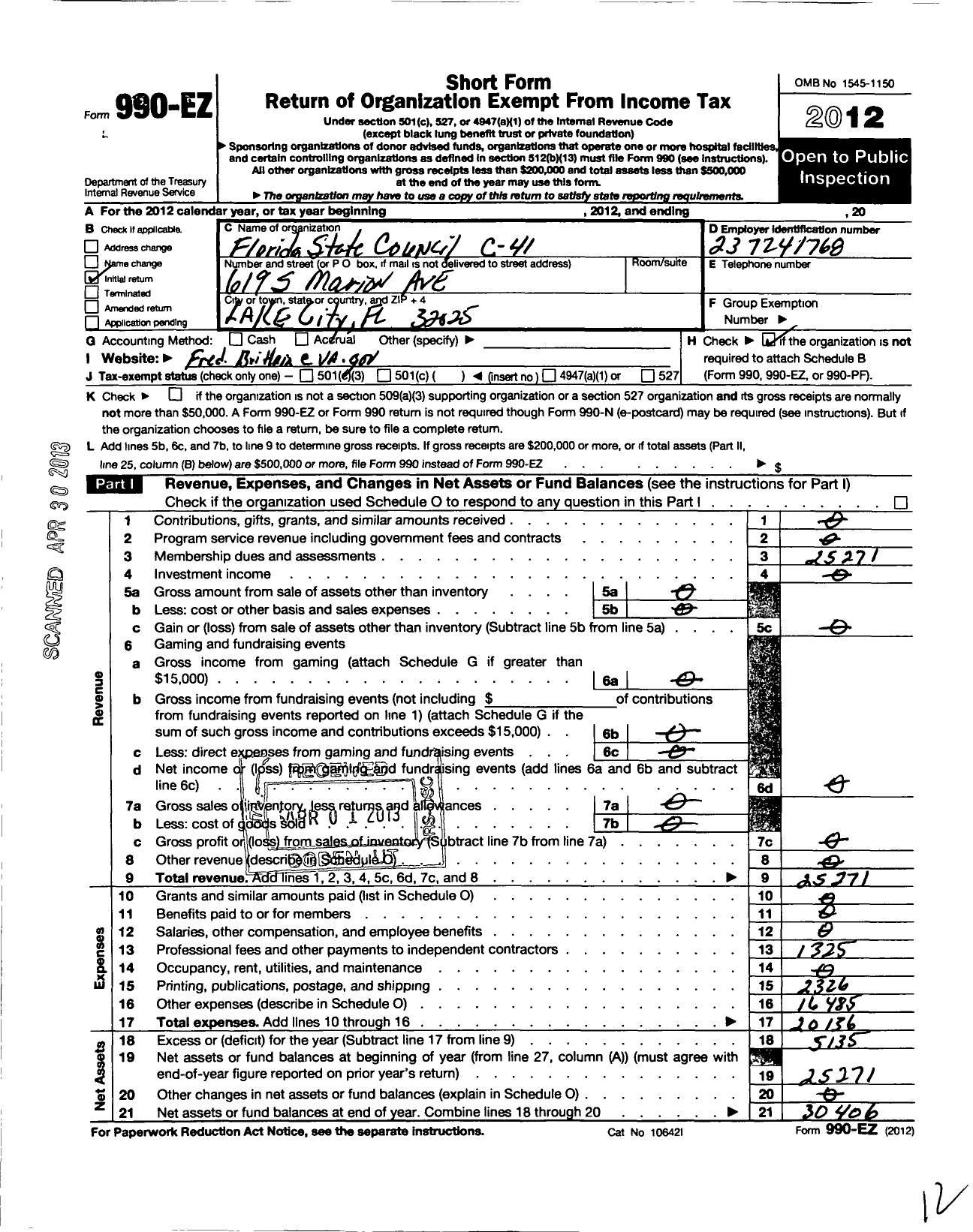 Image of first page of 2012 Form 990EO for American Federation of Government Employees - 041 Afge Council-Va FL State Counci