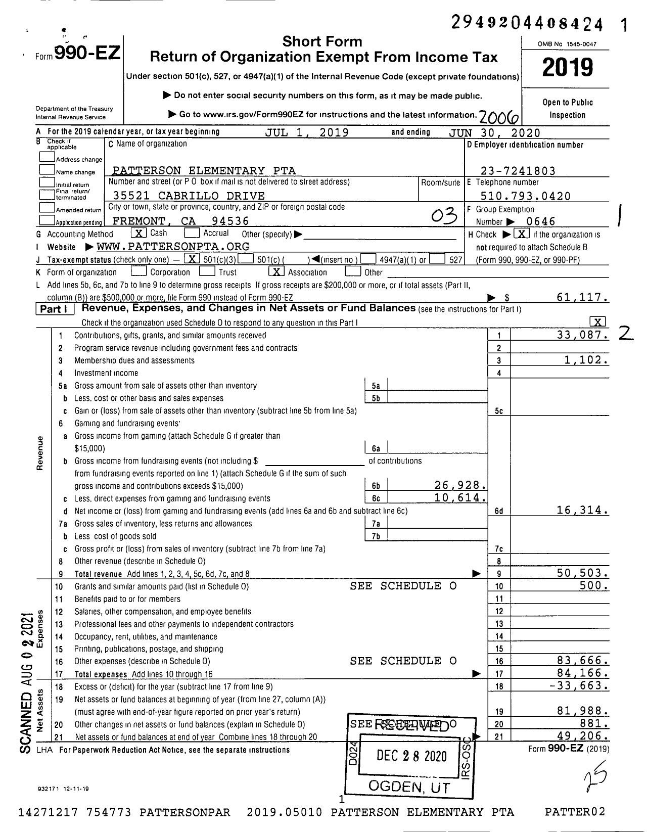 Image of first page of 2019 Form 990EZ for California State PTA - Patterson Elementary PTA