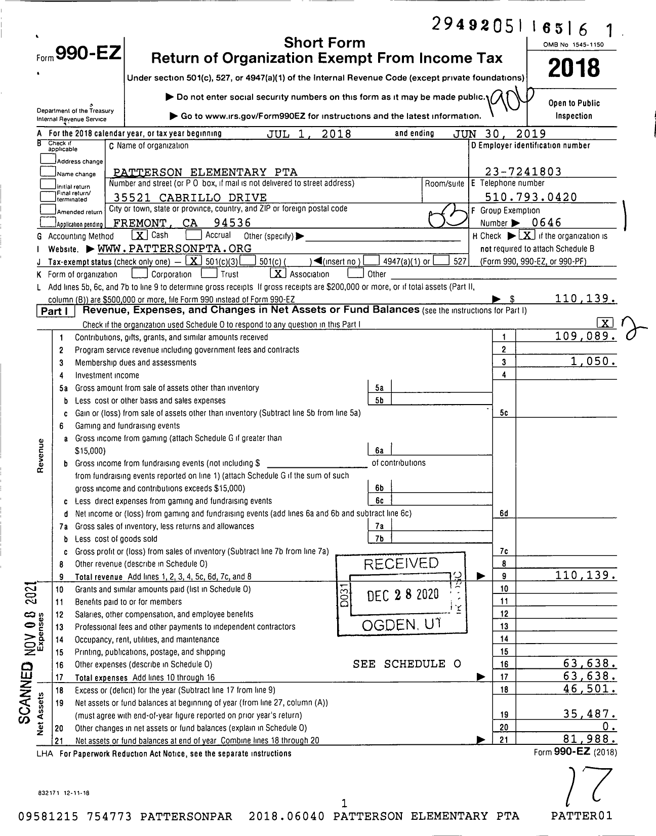 Image of first page of 2018 Form 990EZ for California State PTA - Patterson Elementary PTA