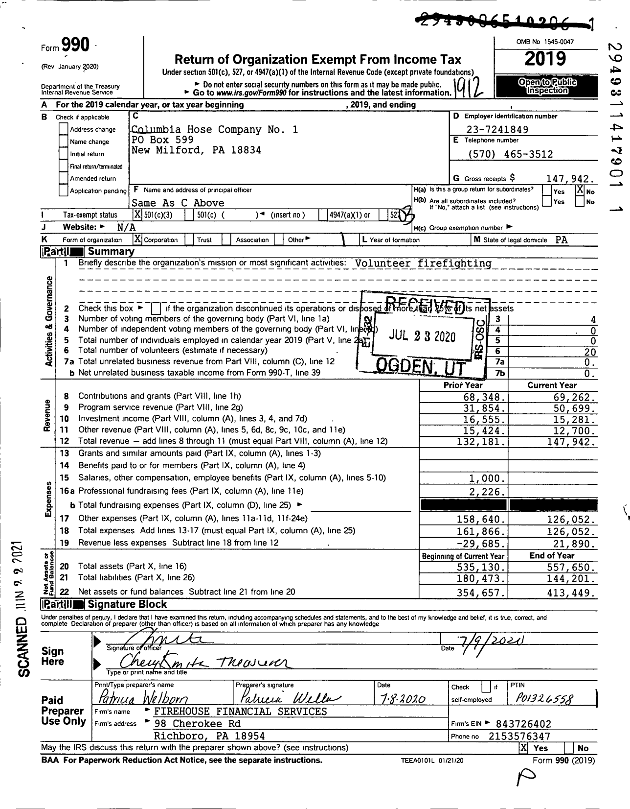Image of first page of 2019 Form 990 for Columbia Hose No 1 Volunteer Fire Dept