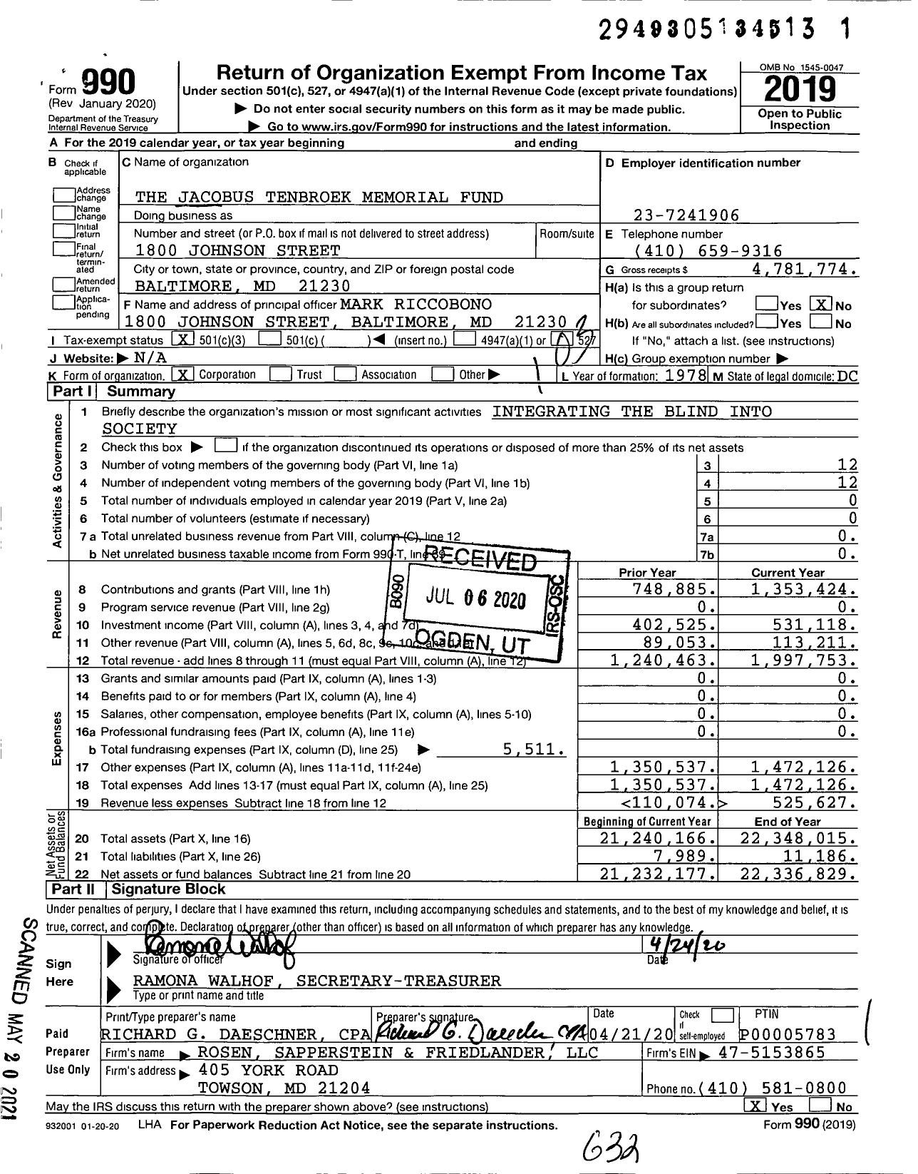 Image of first page of 2019 Form 990 for The Jacobus Tenbroek Memorial Fund