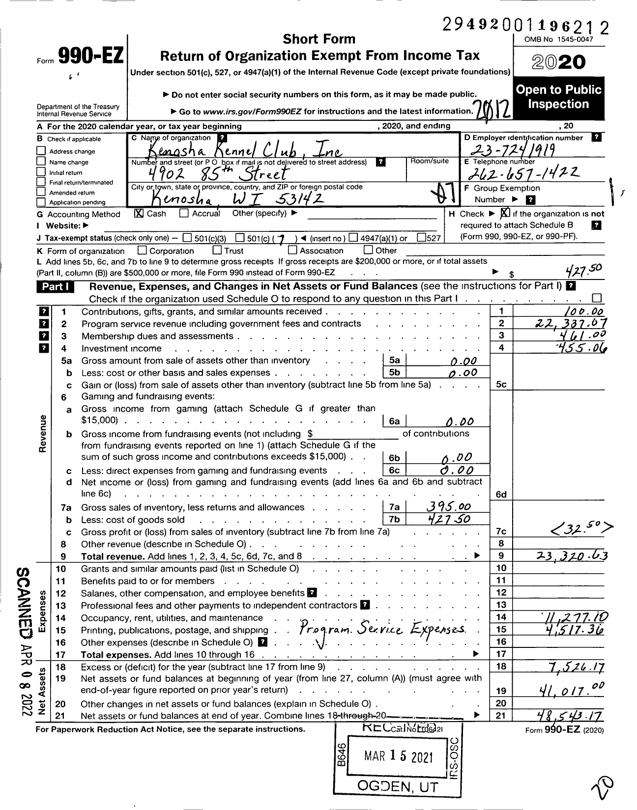 Image of first page of 2020 Form 990EO for Kenosha Kennel Club