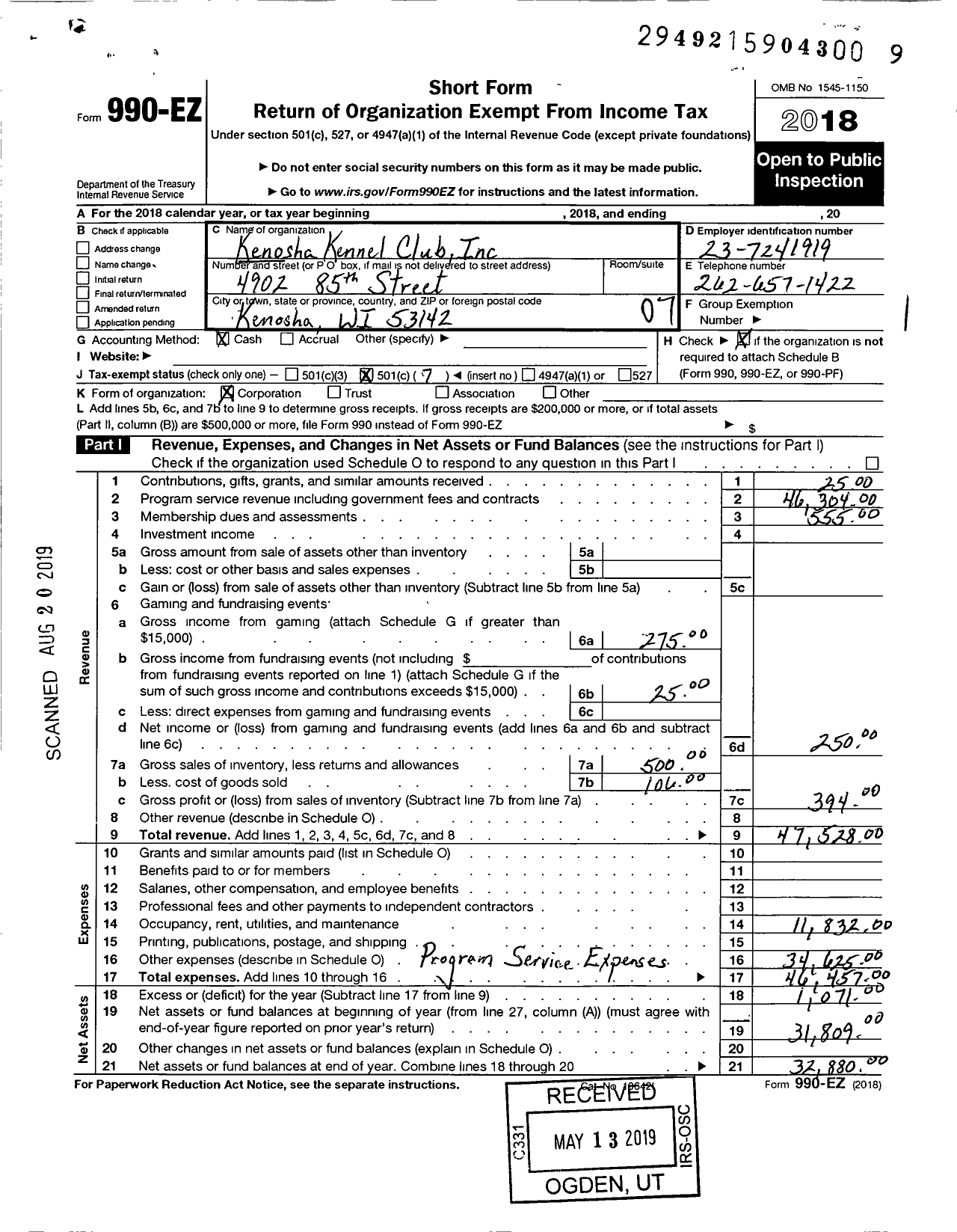 Image of first page of 2018 Form 990EO for Kenosha Kennel Club