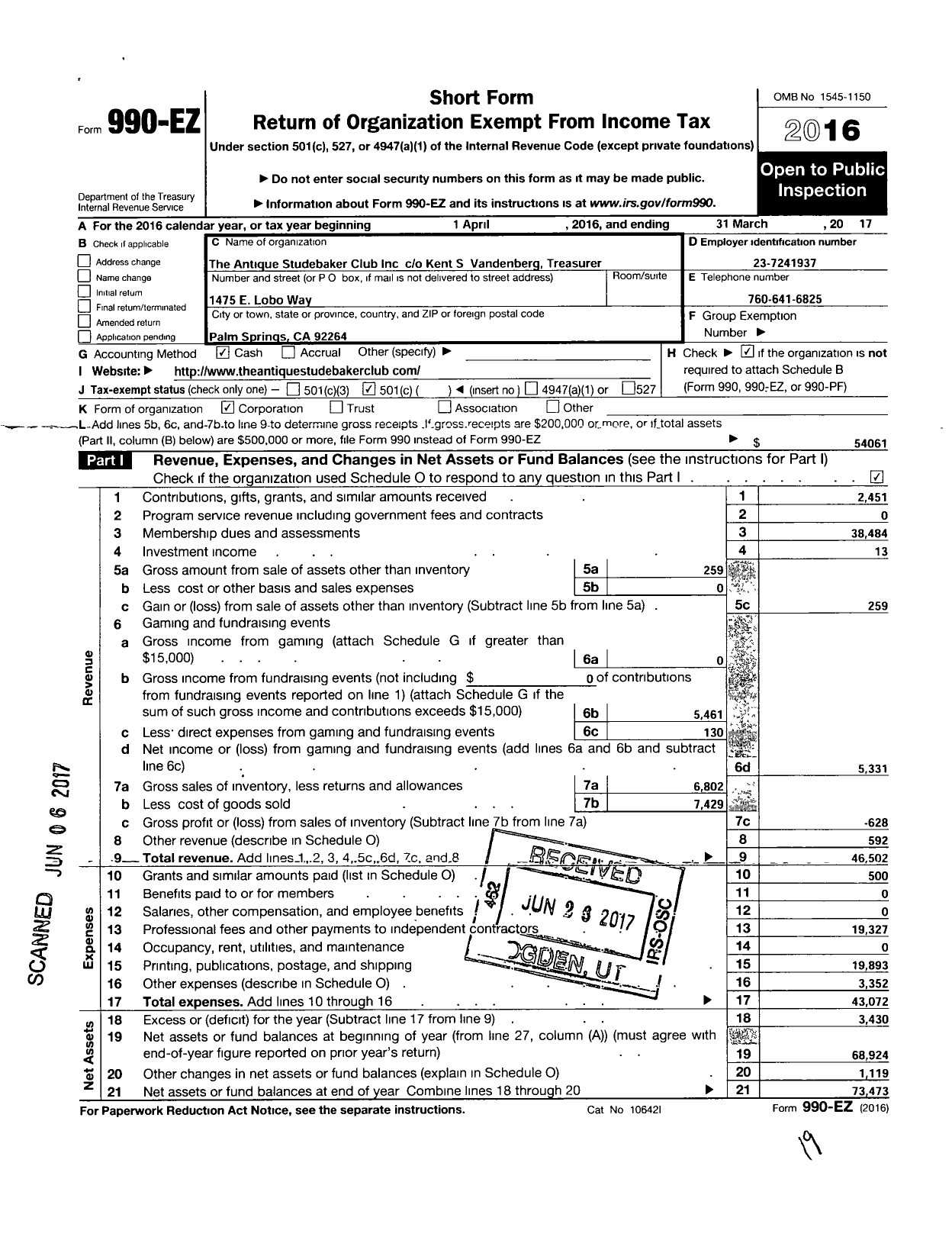 Image of first page of 2016 Form 990EO for Antique Studebaker Club