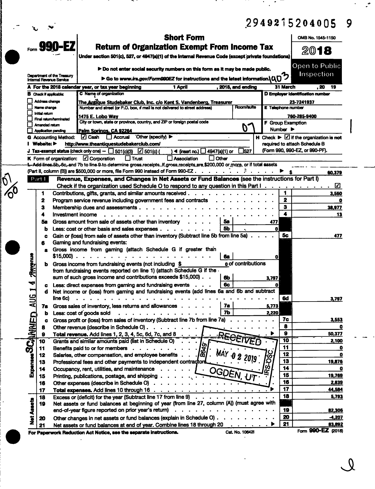 Image of first page of 2018 Form 990EO for Antique Studebaker Club