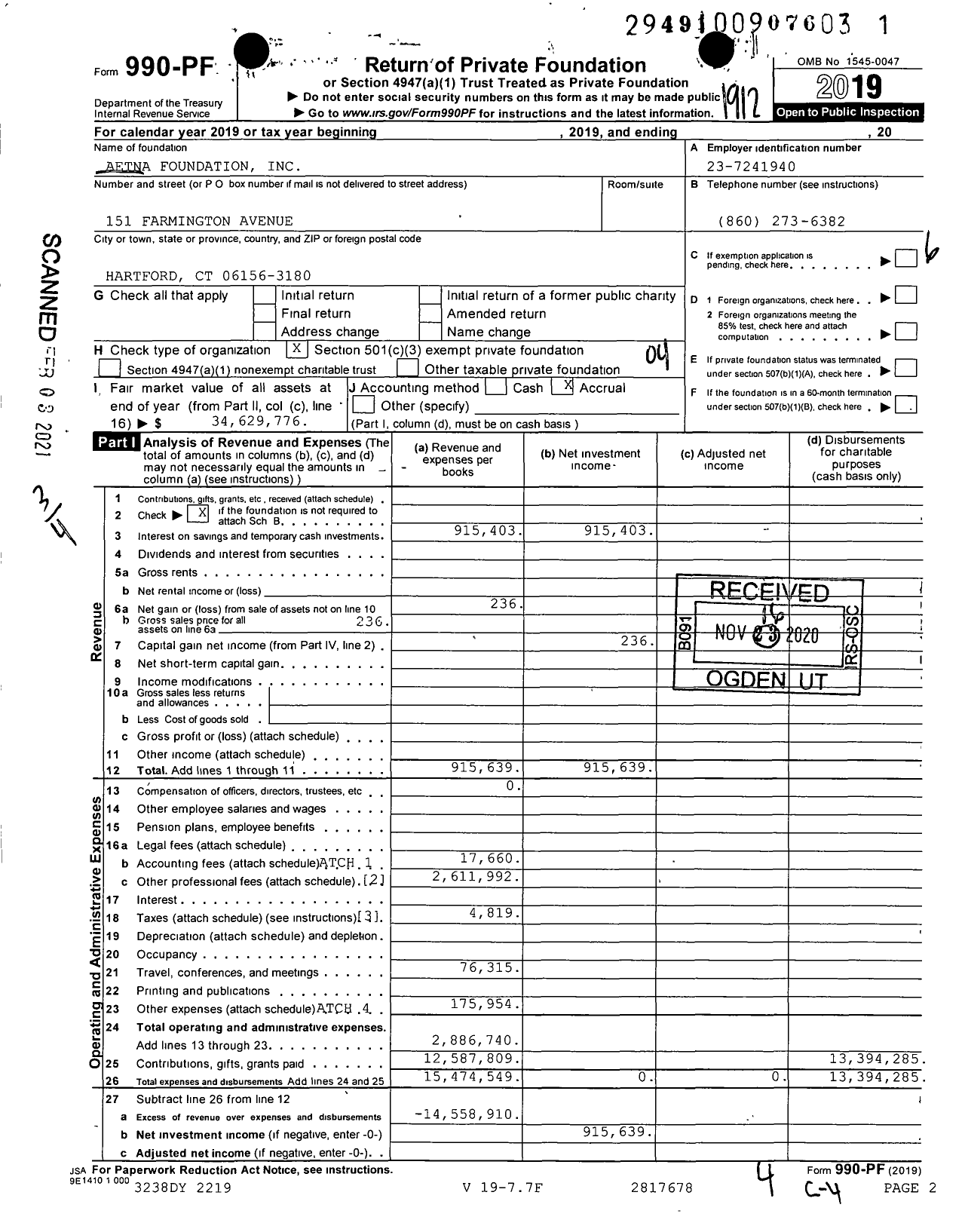 Image of first page of 2019 Form 990PF for Aetna Foundation