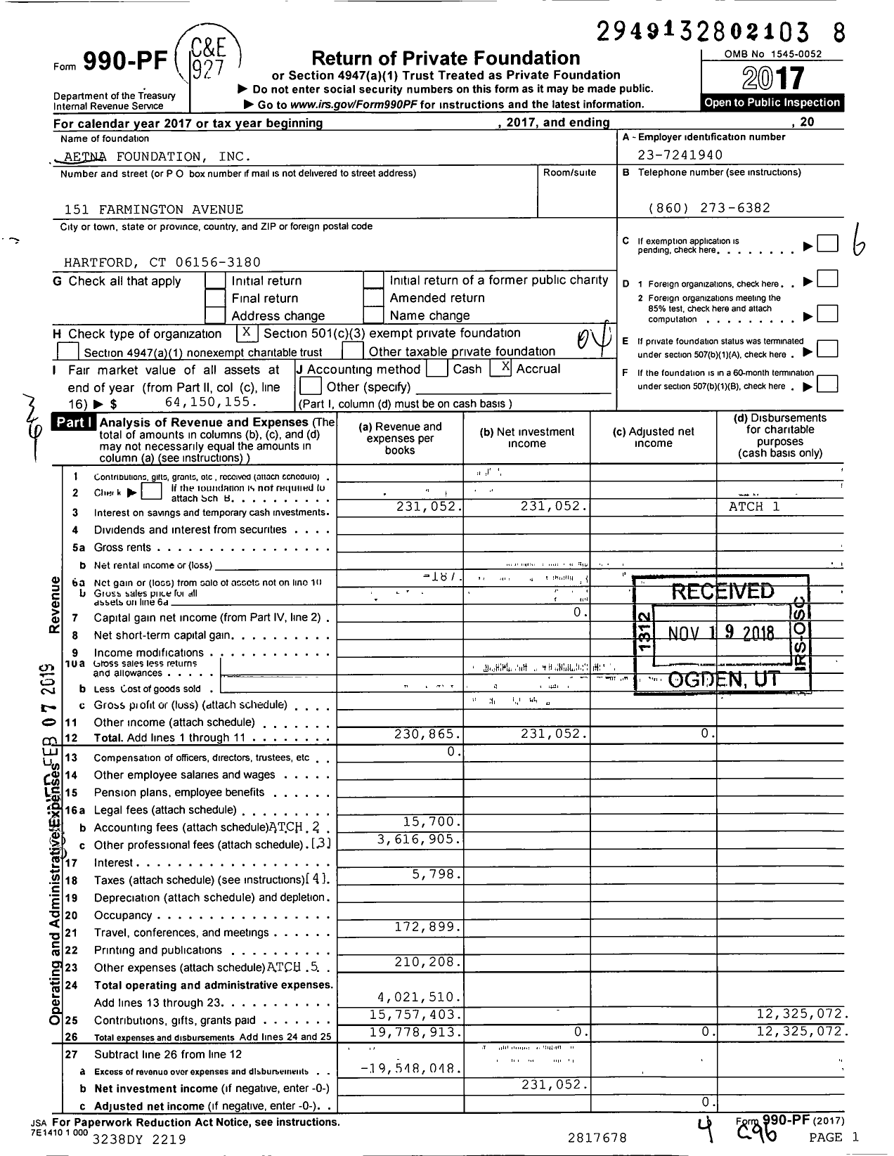 Image of first page of 2017 Form 990PF for Aetna Foundation