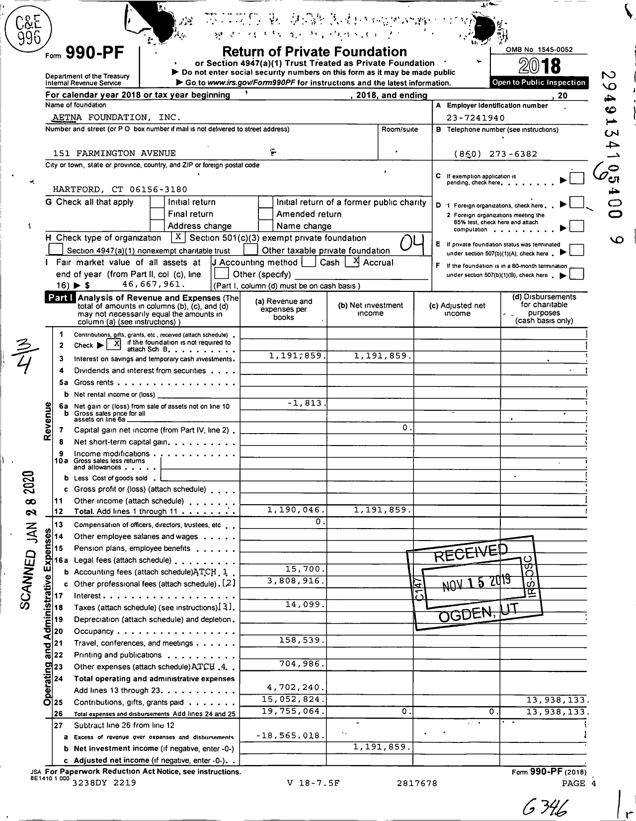 Image of first page of 2018 Form 990PF for Aetna Foundation
