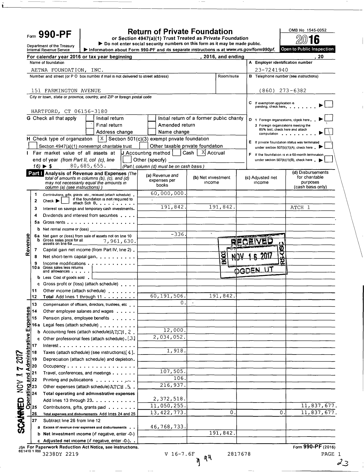 Image of first page of 2016 Form 990PF for Aetna Foundation