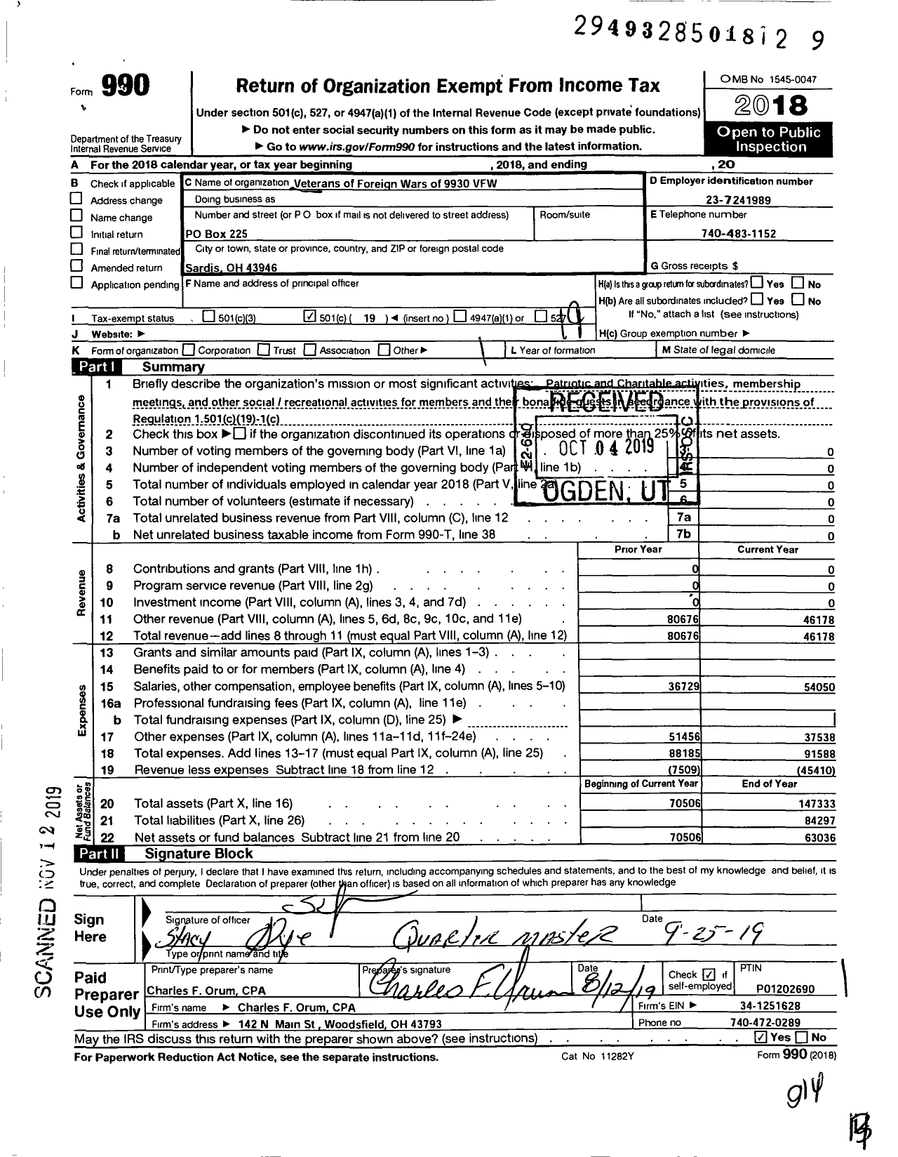 Image of first page of 2018 Form 990O for Veterans of Foreign Wars of 9930 (VFW)