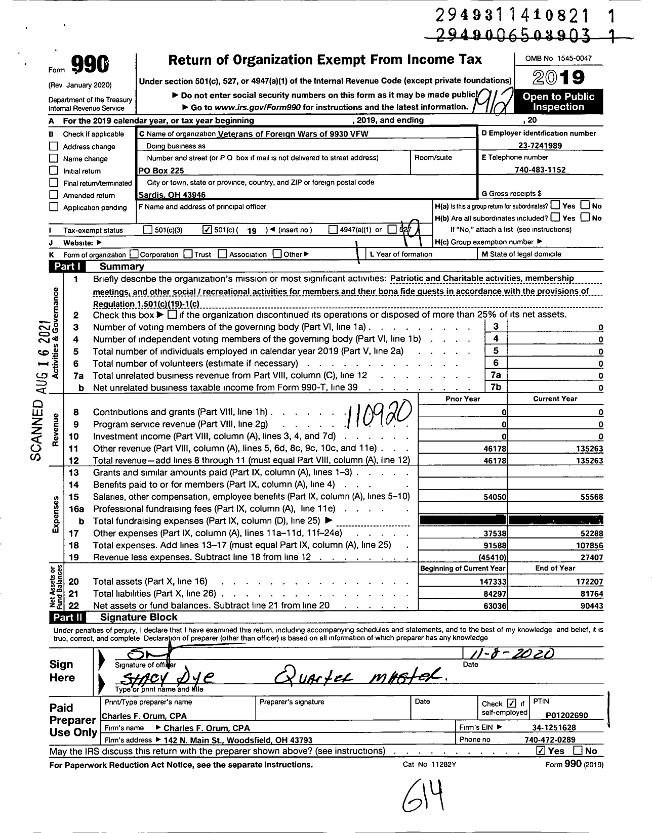 Image of first page of 2019 Form 990O for Veterans of Foreign Wars of 9930 (VFW)