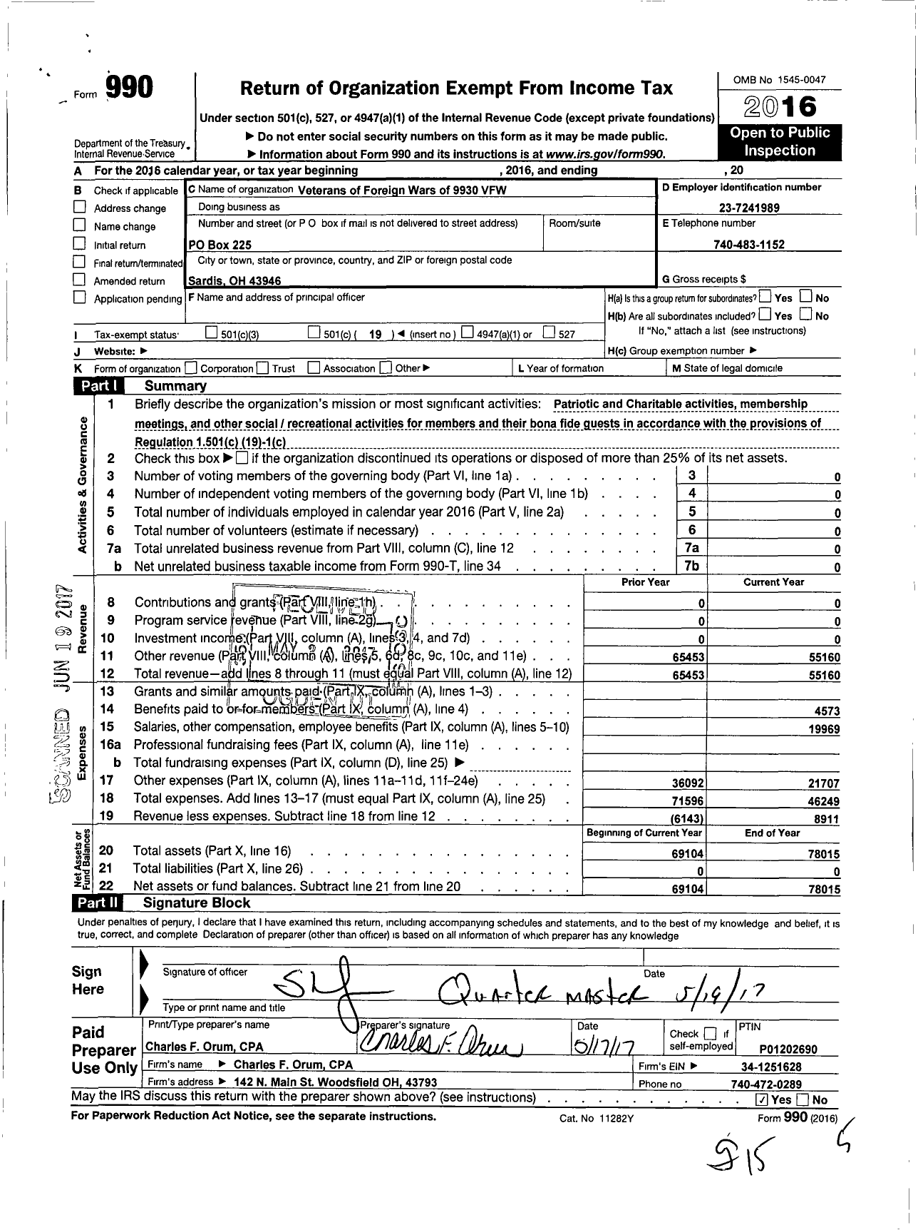 Image of first page of 2016 Form 990O for Veterans of Foreign Wars of 9930 (VFW)