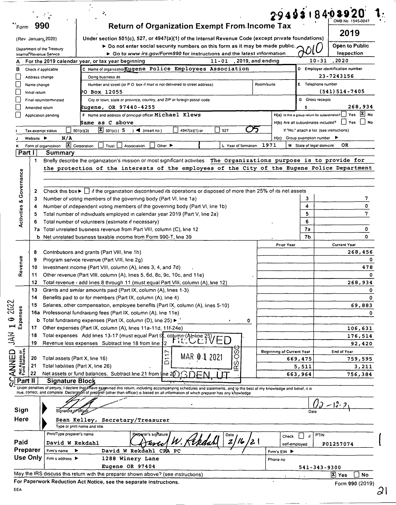 Image of first page of 2019 Form 990O for Eugene Police Employees Association